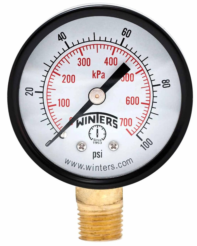 Winters Instruments Winters 2 inch Dial Size, Multi Function Economy Utility Dry Pressure Gauge, Brass Internals, Black Steel Case, Dual Scale 0-100 psi/kPa, 3-2-3% Accuracy, 1/4 inch NPT Bottom Mount, Pressure Gauge - Image 1